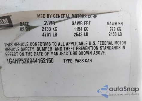 2004 Buick Lesabre Custom из США, поврежденный, VIN 1G4HP52K944162150